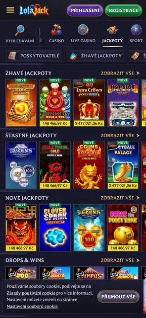 Lolajack: sekce jackpotů s aktuálními částkami